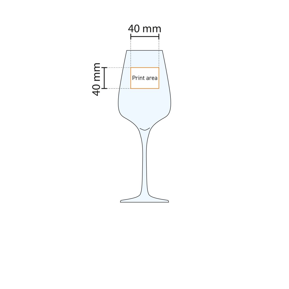 Technische werktekening van het Sublym wijnglas 35 cl. met markering van het beschikbare drukgebied.