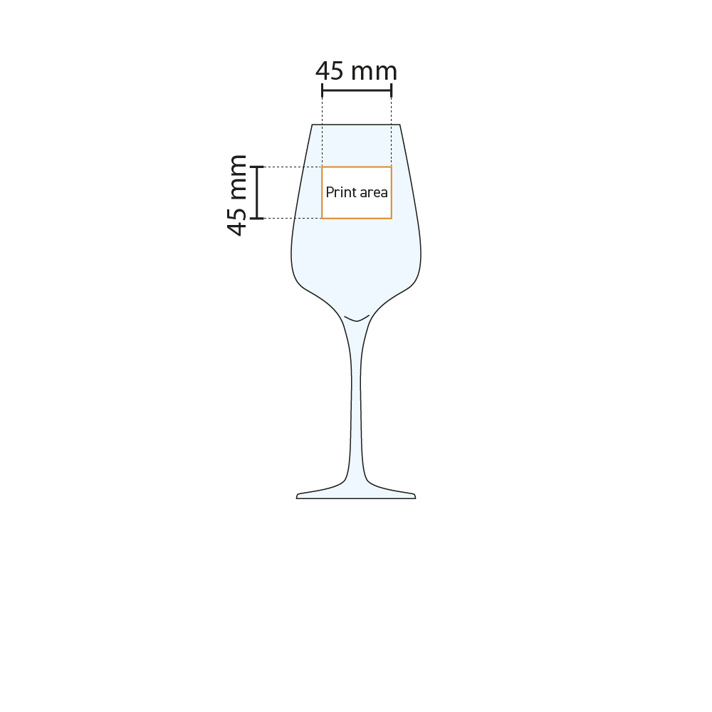 Technische werktekening van het Sublym wijnglas 45 cl. met aanduiding van het drukgebied op het glas.