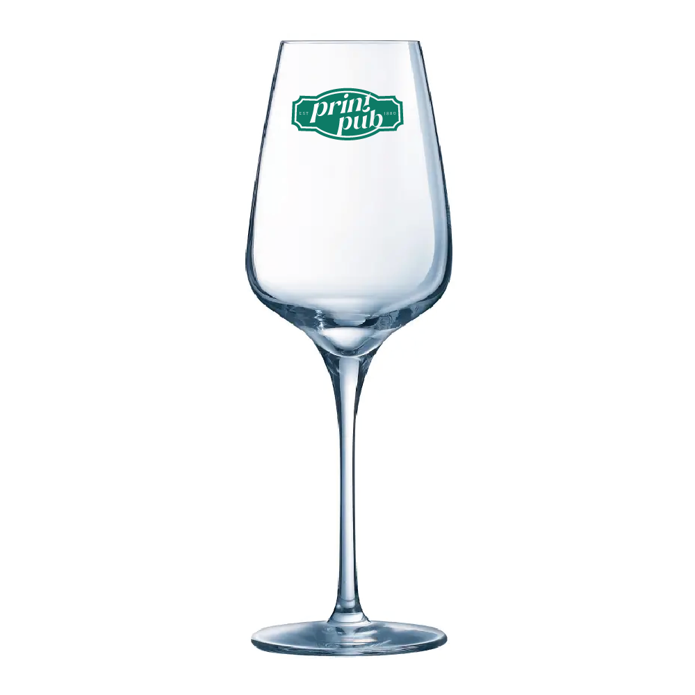 Sublym wijnglas 45 cl. met eenkleurig PrintPub-logo op de voorzijde van het transparante glas.