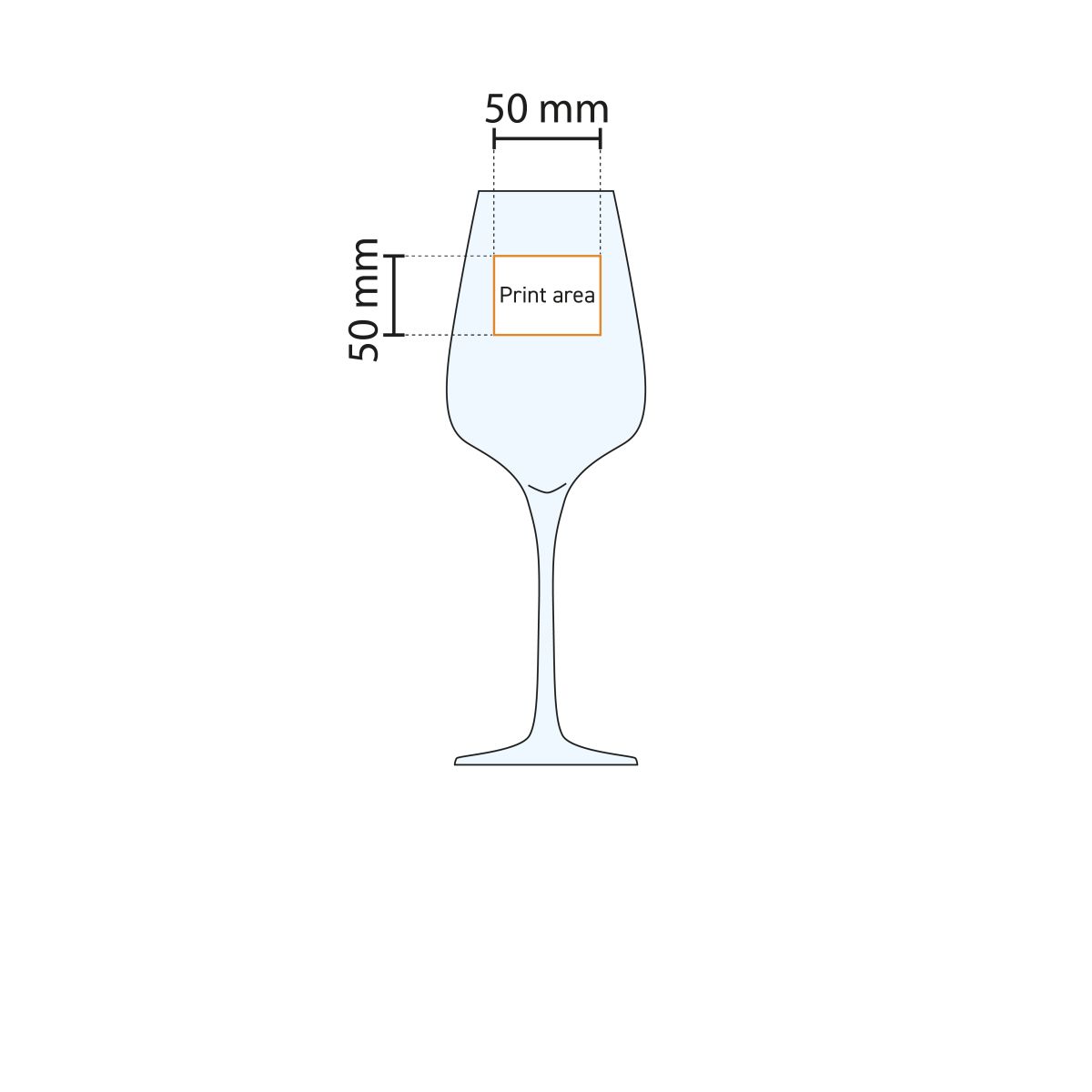 Technische werktekening van het Sublym wijnglas 55 cl. met markering van het drukgebied.