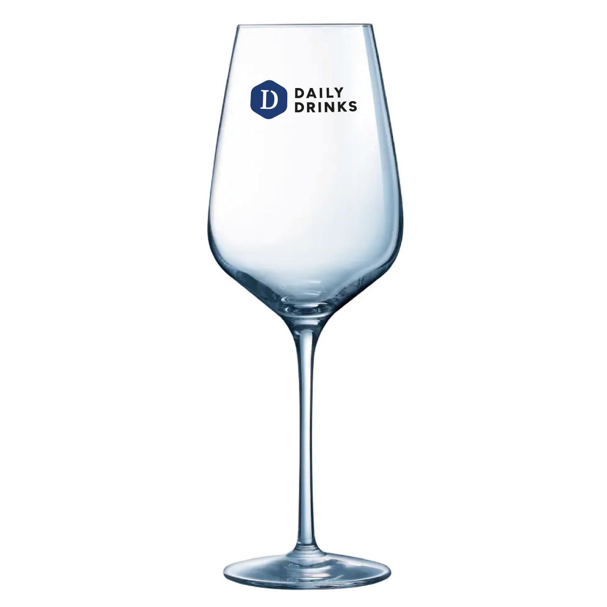 Sublym wijnglas 55 cl. bedrukt met meerkleurig DailyDrinks-logo op de voorzijde van het glas.