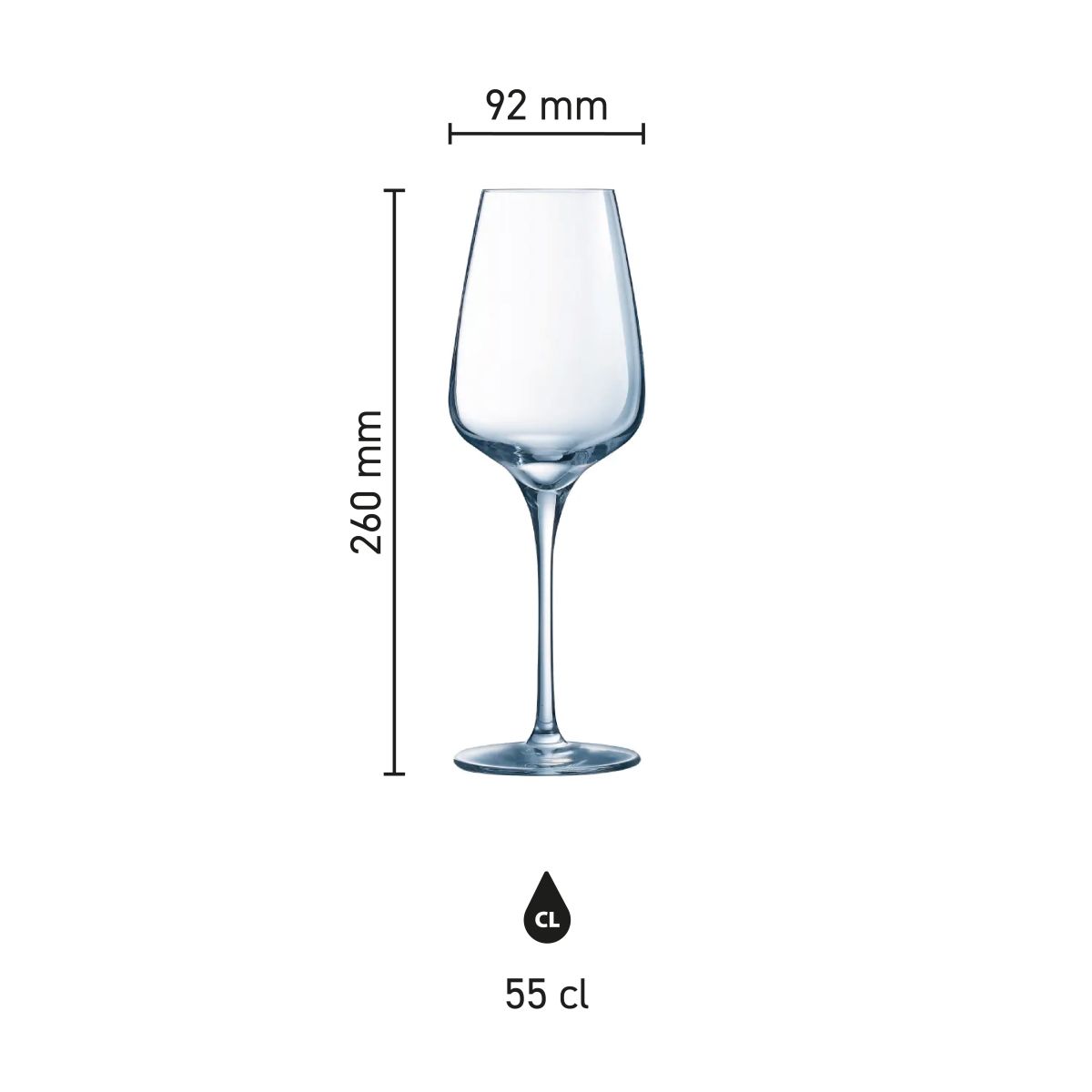 Infographic met afmetingen van het Sublym wijnglas 55 cl. inclusief hoogte en glasdiameter.