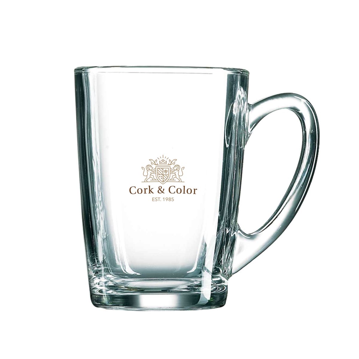 New Morning theeglas 32 cl met meerkleurig CorkColor-logo, gedrukt op de voorzijde van het glas.