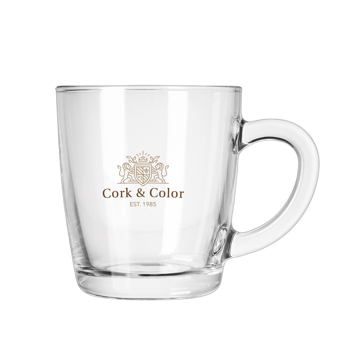 Voorzijde vatheeglas New Morning Laag 32 cl. met kleurrijk CorkColor-logo-opdruk.