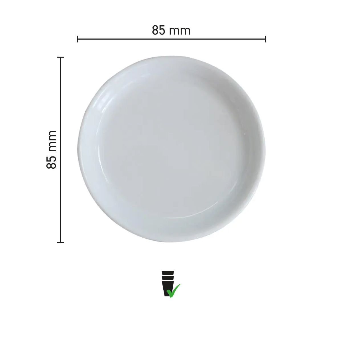 Afbeelding met productafmetingen van 85 mm ronde porseleinen theezakhouder, inclusief schaal en maataanduiding.
