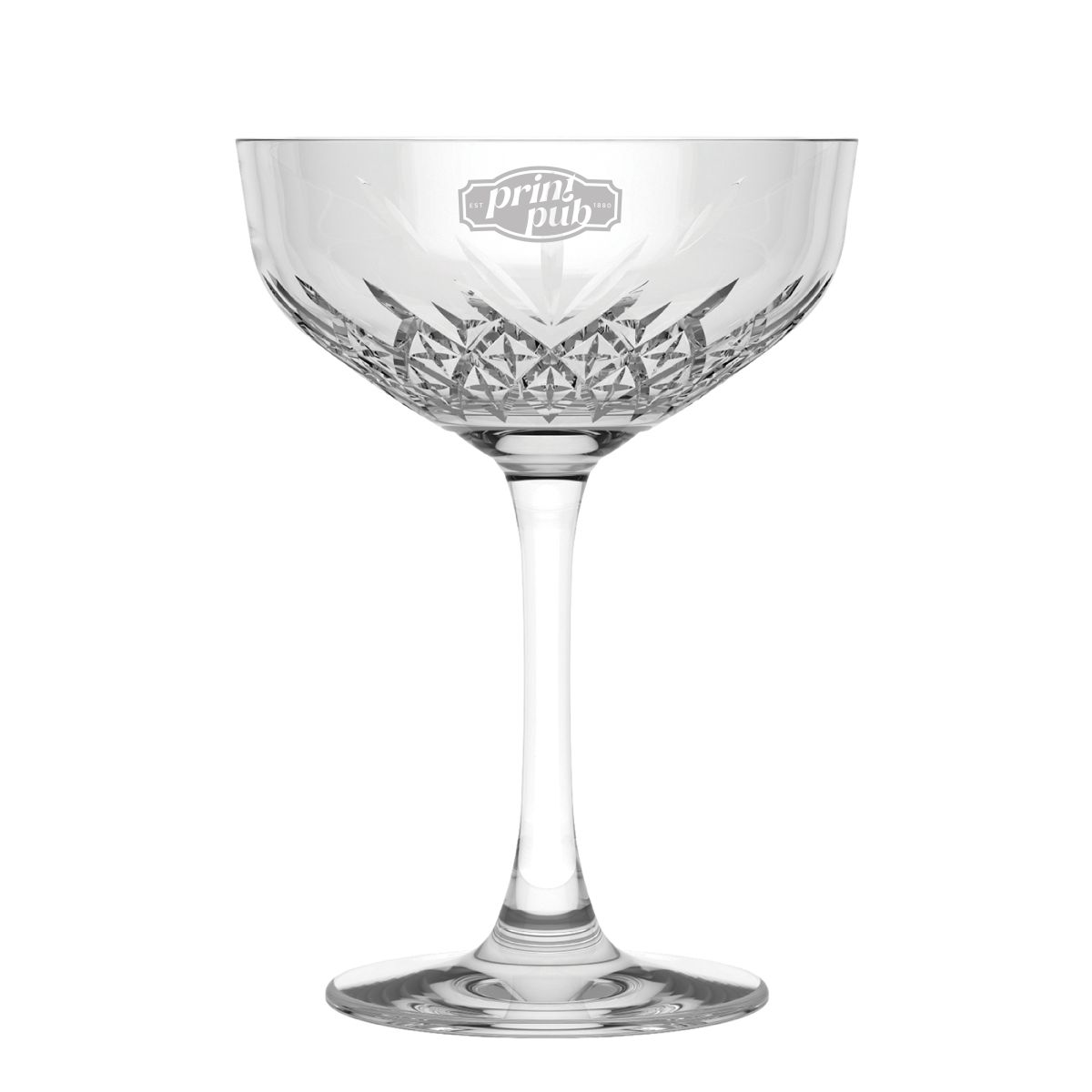 Gegraveerd PrintPub-logo zichtbaar op de voorzijde van de Timeless champagnecoupe 25,5 cl.