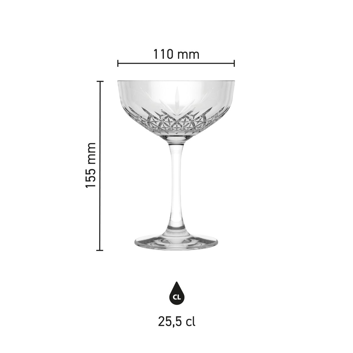 Grafisch overzicht van de maatvoering van de Timeless champagnecoupe 25,5 cl.