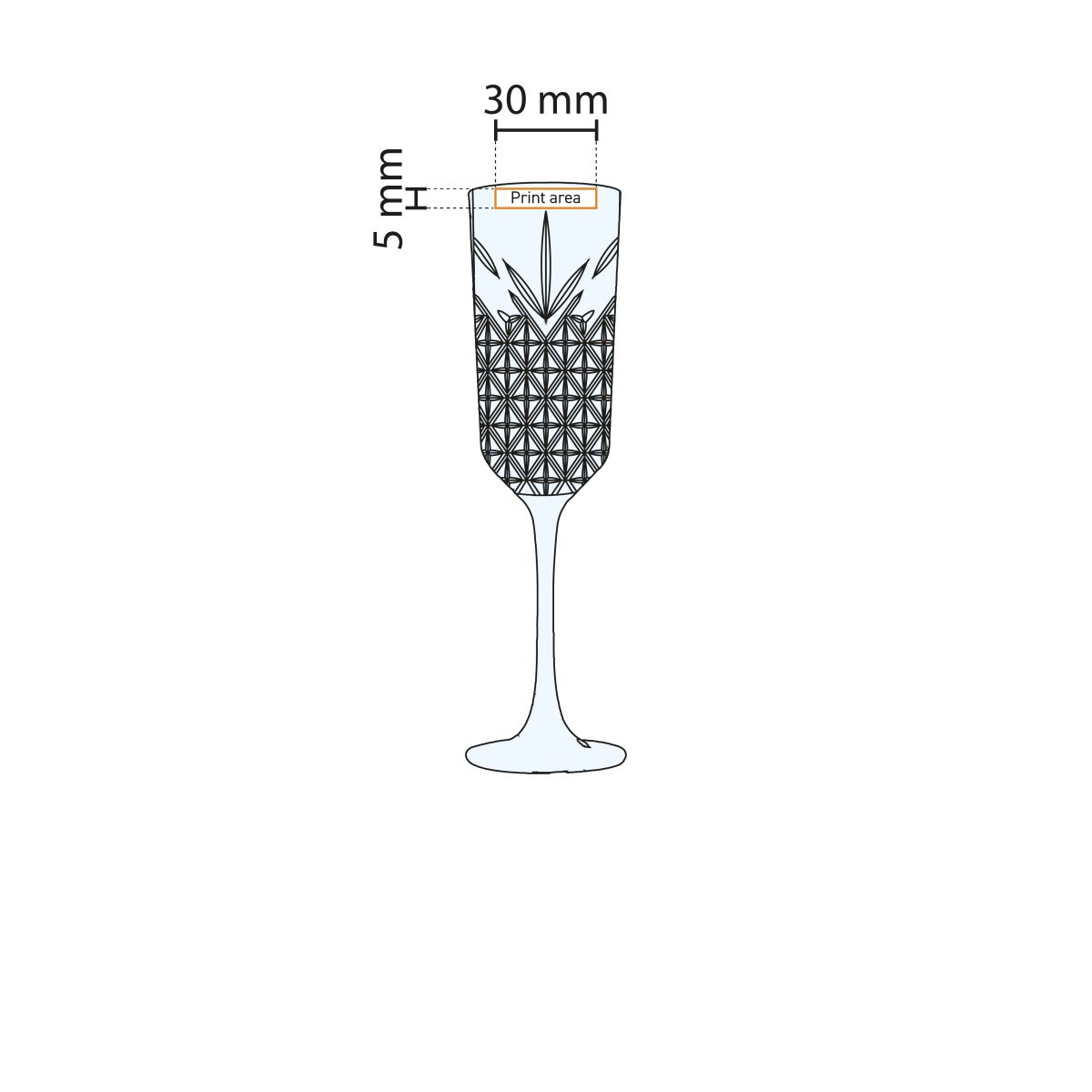 Technische werktekening van de Timeless champagneflute 17,5 cl. met aanduiding van het drukgebied.