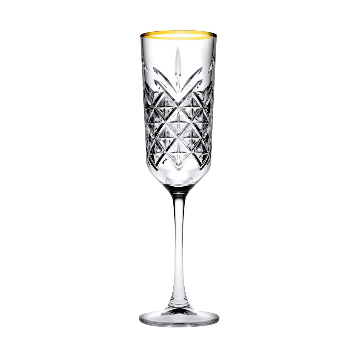 Frontale weergave van de Timeless champagneflute 17,5 cl. met gouden rand in transparant glas met smalle kelk.