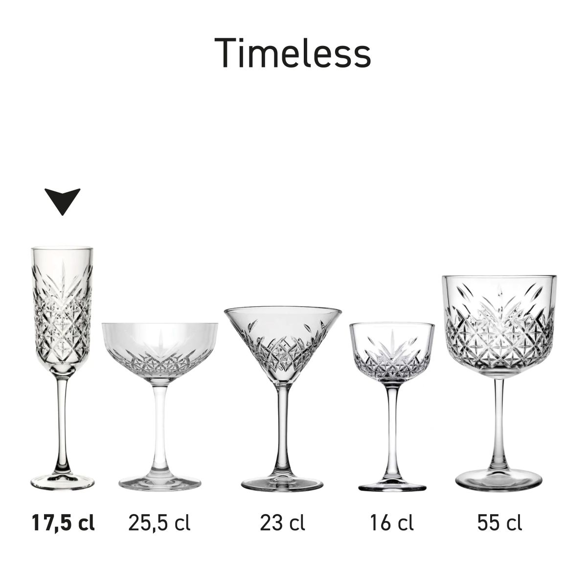Serie Timeless producten gepresenteerd als productreeks met verschillende ontwerpen en inhoudsmaten.
