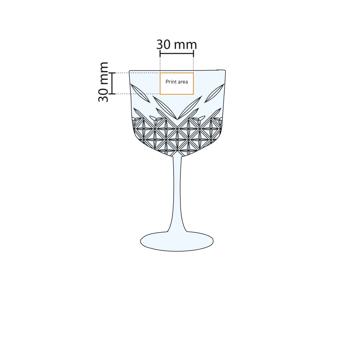 Technische werktekening toont exact drukgebied op glaswand van het gin-tonic glas 55 cl.