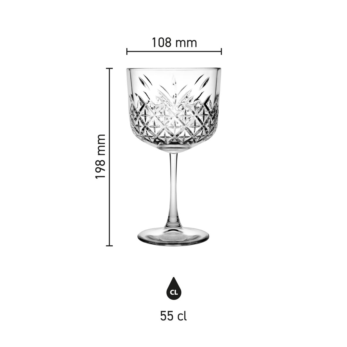 Afmetingen van het gin-tonic glas 55 cl visueel weergegeven in technische infographic.