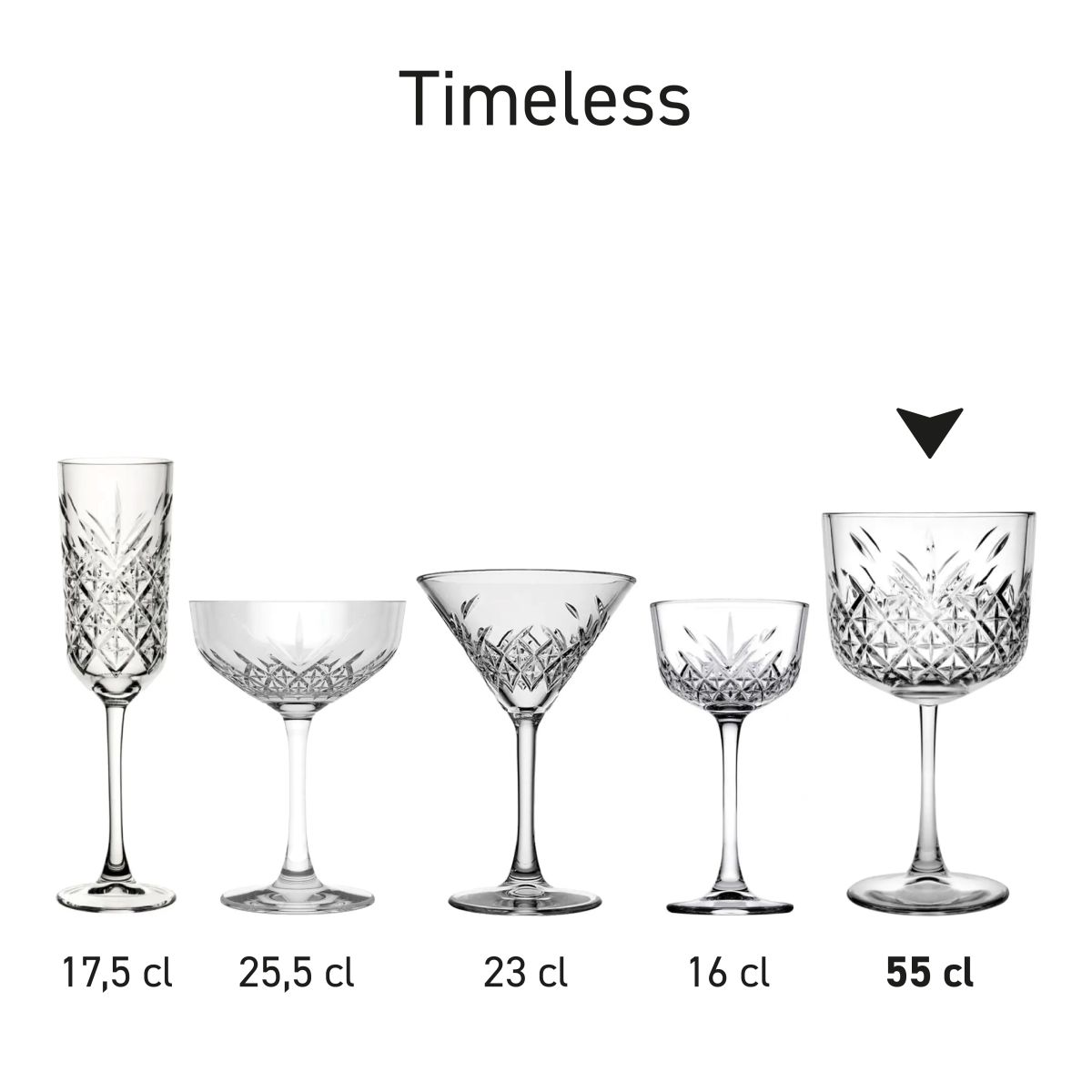 Seriebeeld met meerdere Timeless Gin-Tonic glazen naast elkaar opgesteld in verschillende ontwerpen.