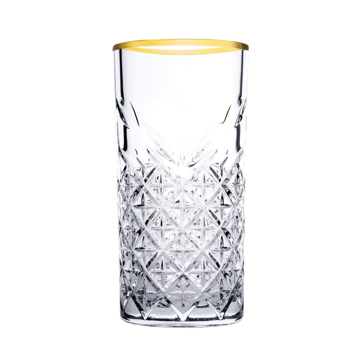 Vooraanzicht van Timeless Longdrink glas 30 cl. met gouden rand en met rechte vorm en geslepen glasstructuur.