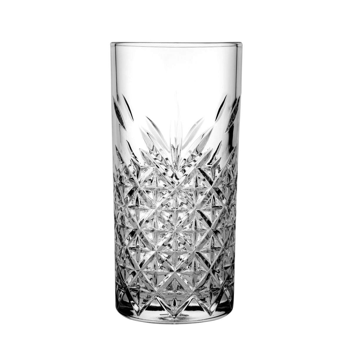 Vooraanzicht van Timeless Longdrink glas 30 cl. met rechte vorm en geslepen glasstructuur.