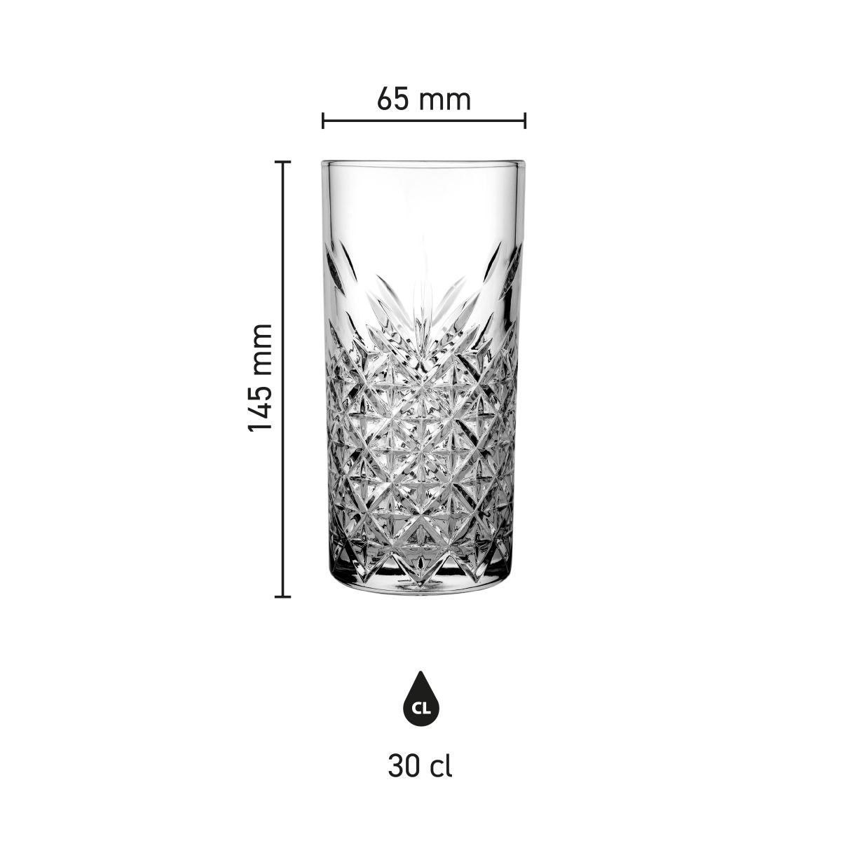 Infographic met hoogte en diameter van het Timeless Longdrink glas 30 cl.