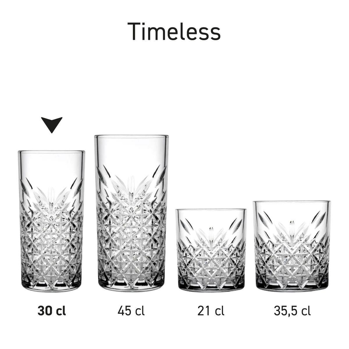 Serie-opstelling van meerdere Timeless Longdrink glazen, frontaal weergegeven.