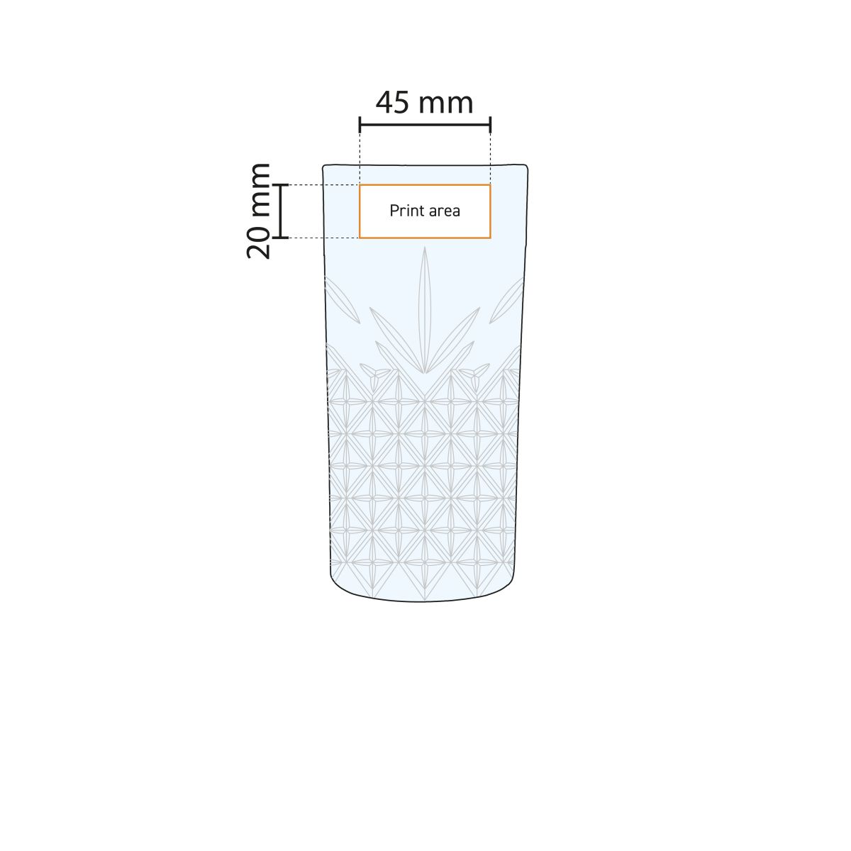 Drukgebied op glaswand van het longdrinkglas 45 cl weergegeven in werktekening.