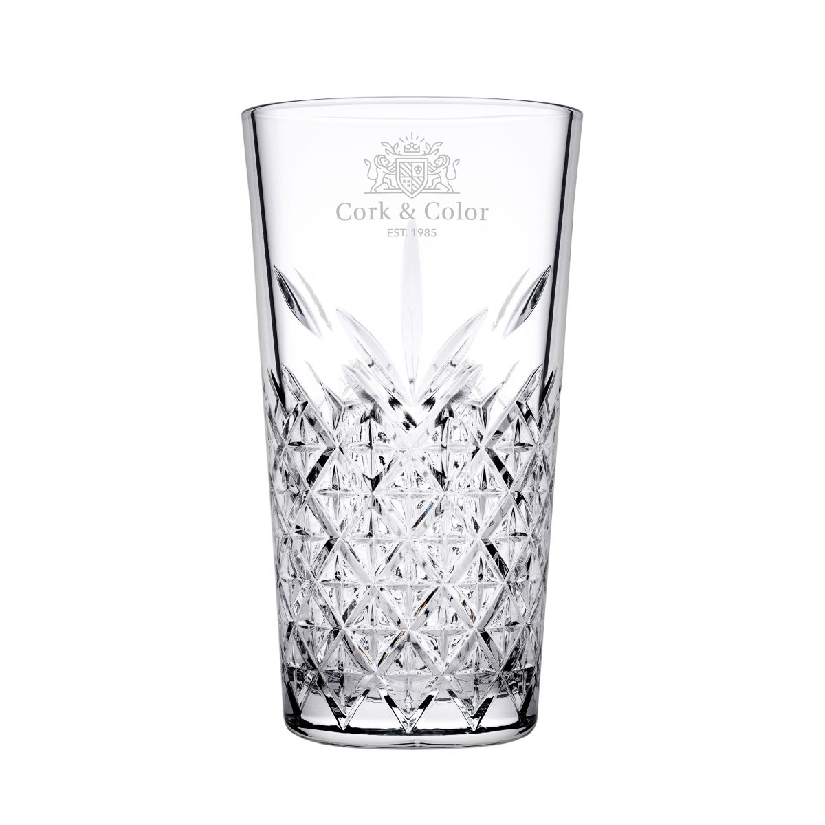 Stapelbaar Timeless Longdrink glas 34,5 cl. rechtopstaand weergegeven in vooraanzicht., met logobedrukking