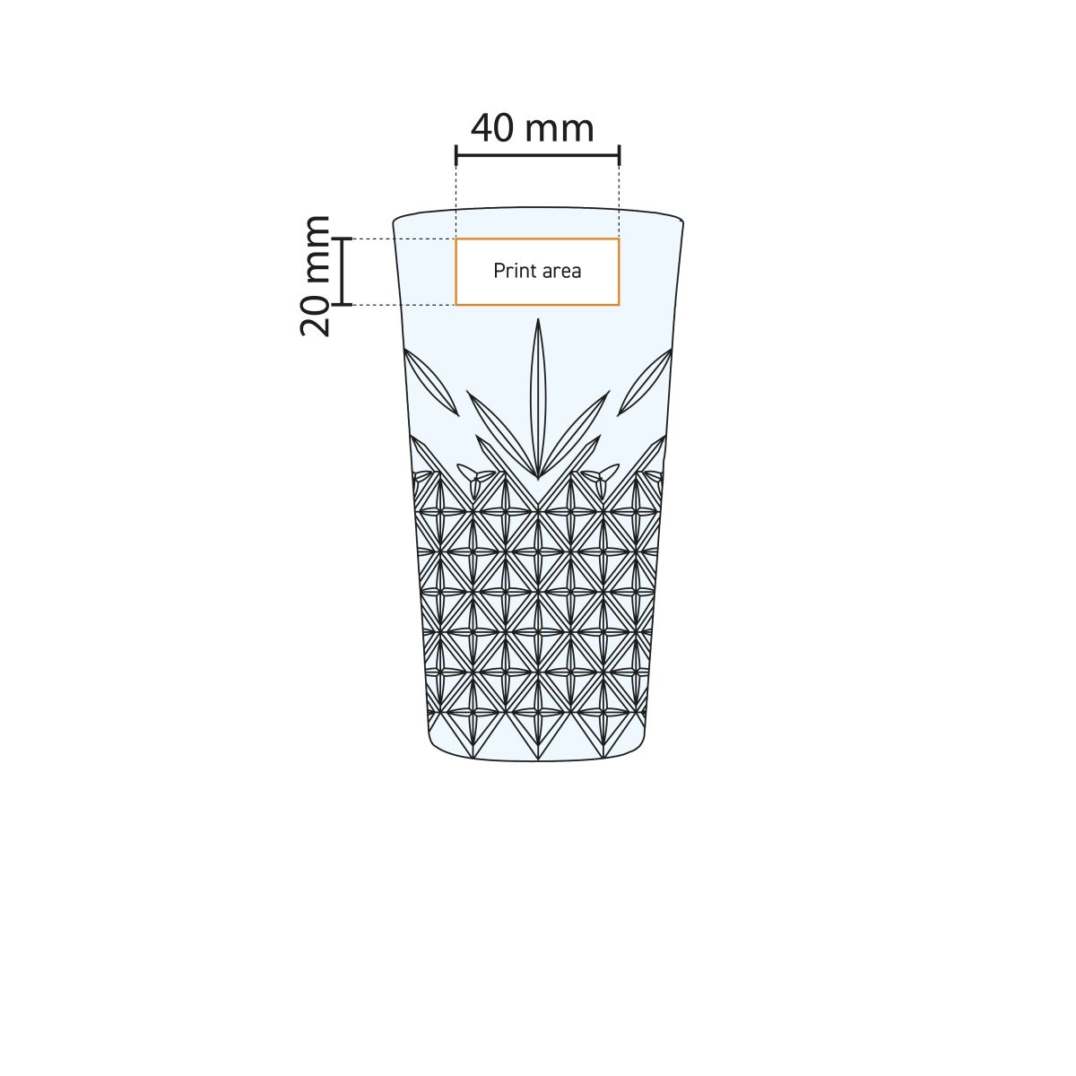 Werktekening toont het drukvlak voor bedrukking op glas 45 cl. duidelijk gemarkeerd.