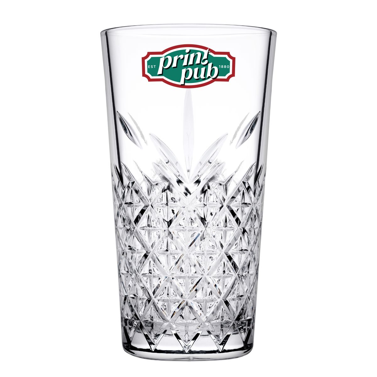 Vooraanzicht van het glas met kleurrijk PrintPub-logo op het gladde glasoppervlak.