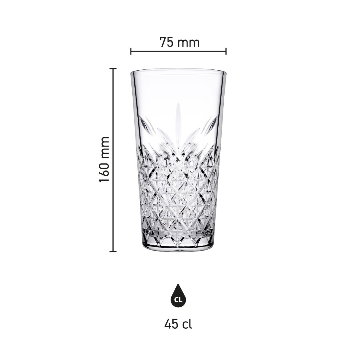 Infographic toont hoogte en diameter van het Timeless Longdrink stapelglas 45 cl.