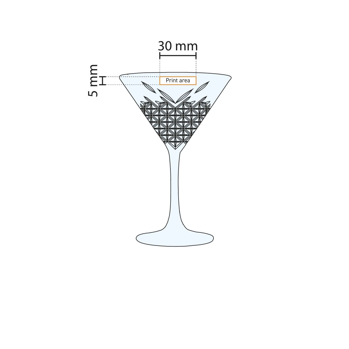 Gedetailleerde werktekening geeft exact drukvlak weer op het glas 23 cl.