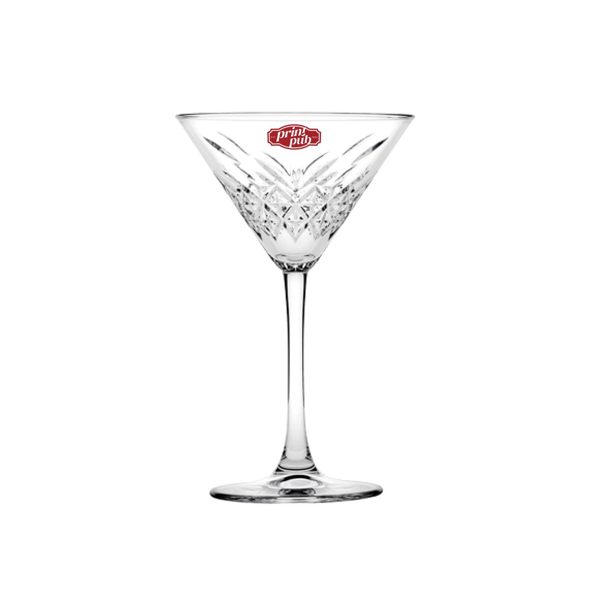 Timeless Martini glas bedrukt met PrintPub-logo in één kleur op het glasoppervlak.