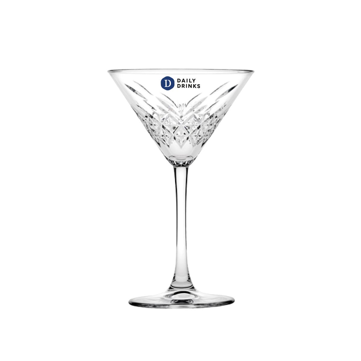 Vooraanzicht van martini-glas 23 cl. met meerkleurig DailyDrinks-logo op de kelk.