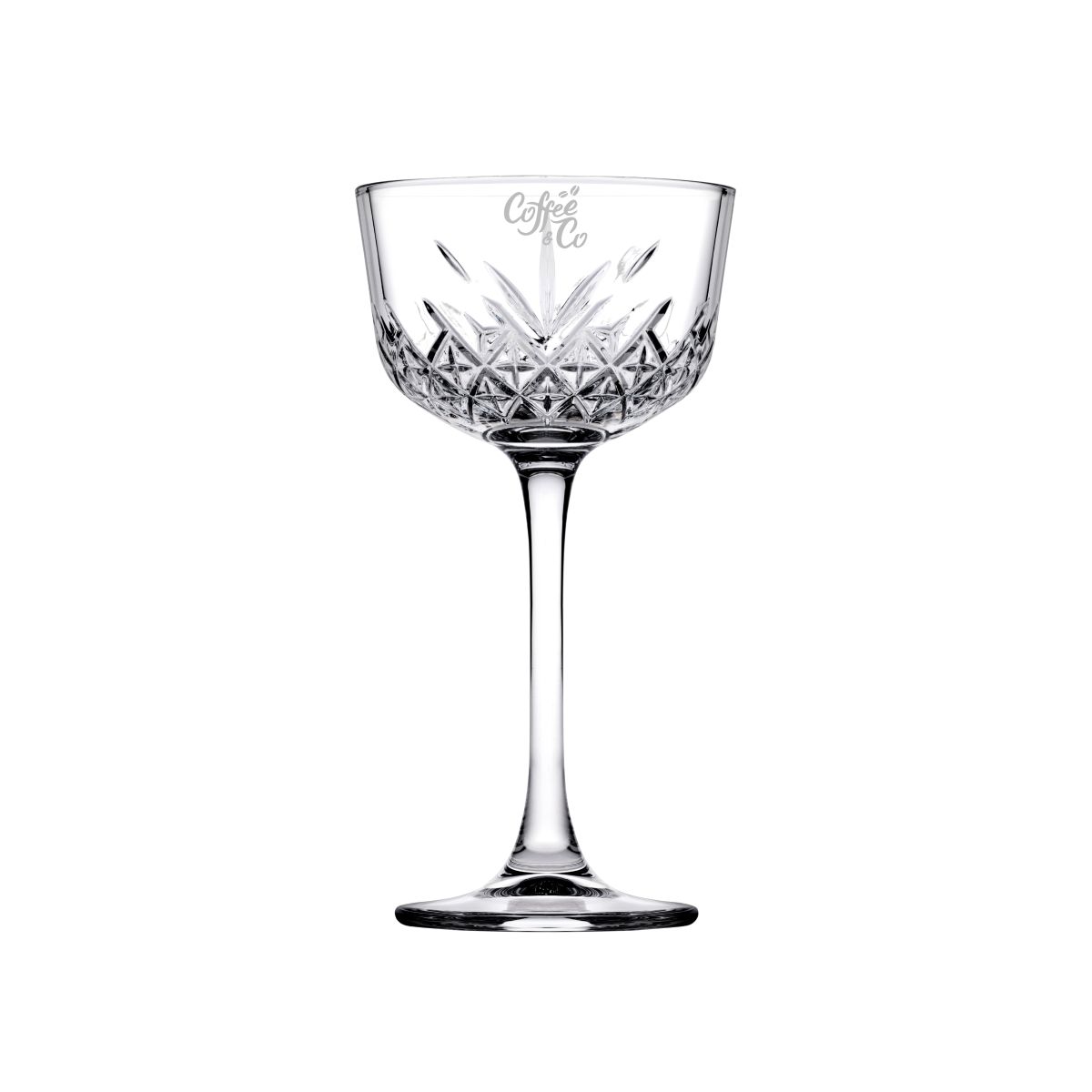 Gravure van het CoffeeCo-logo zichtbaar op het vooraanzicht van het Nick & Nora Glas 16 cl.