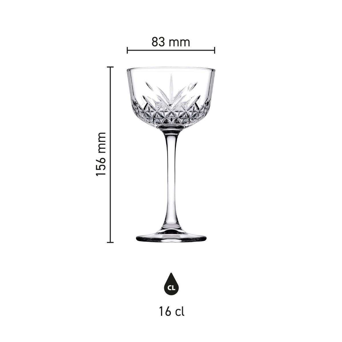 Infographic met productafmetingen van het Timeless Nick & Nora Glas 16 cl. in schaalverhouding.