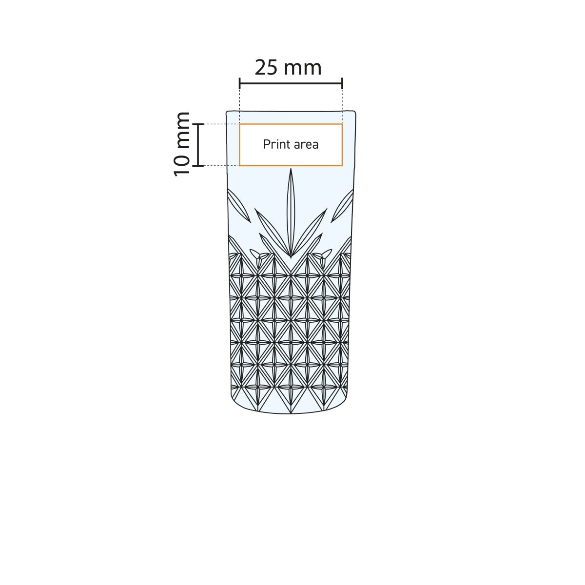 Gedetailleerde werktekening met het drukgebied op het Timeless Rakiglas 18 cl. glas gemarkeerd.