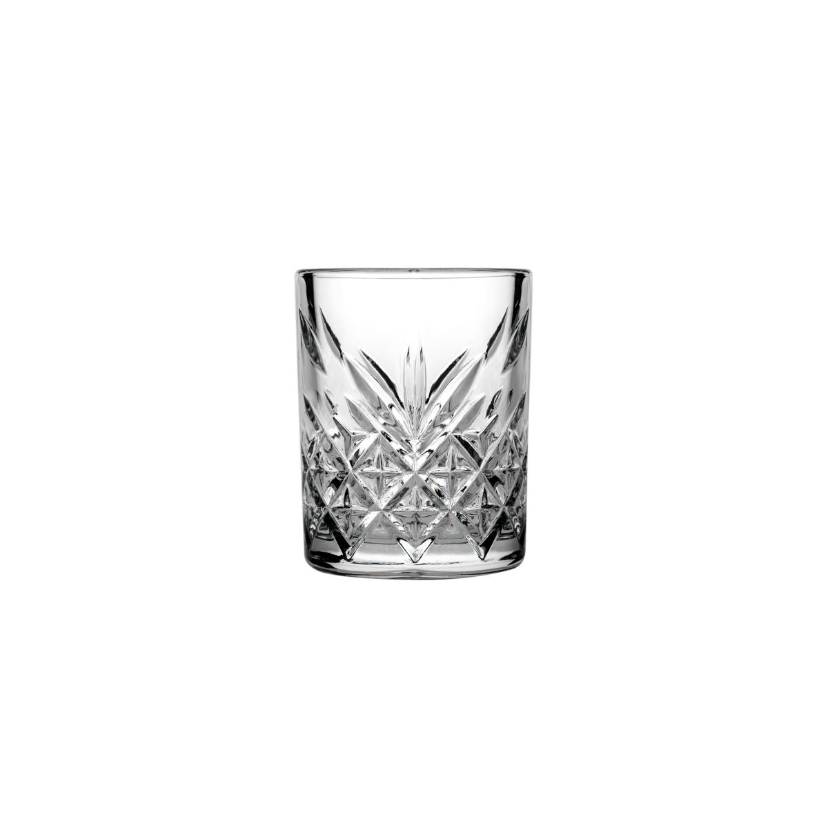 Vooraanzicht van het Timeless Shotglas 6 cl. met cilindervorm en glad transparant glas.