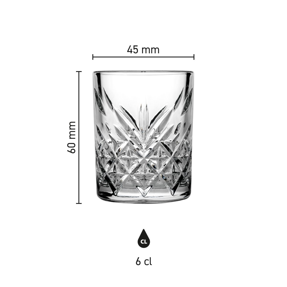 Infographic met maatvoering van het Timeless Shotglas 6 cl. in hoogte en diameter.