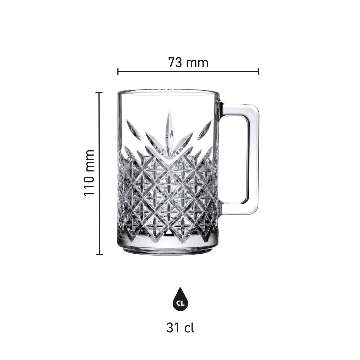 Infographic met hoogte en diameter van het Timeless Theeglas 31 cl. glas weergegeven.