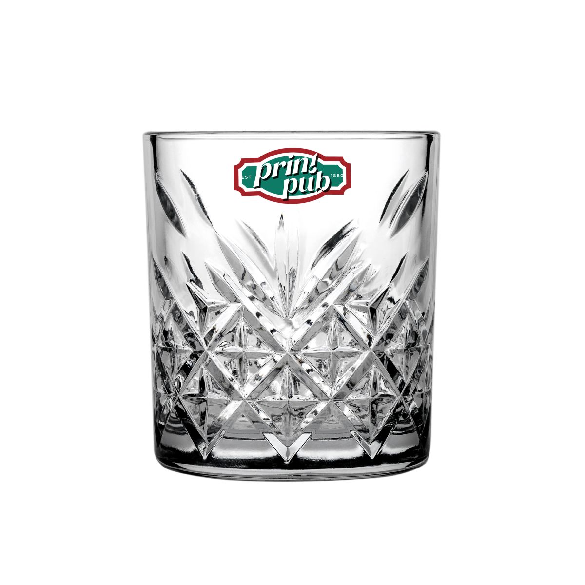 Glas met PrintPub-logo in meerdere kleuren op de voorzijde van het Timeless Whiskyglas 21 cl.