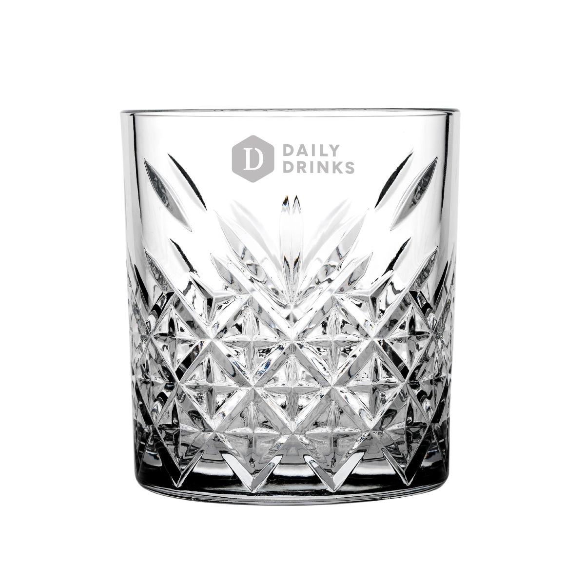 Voorzijde van het Timeless Whiskyglas met subtiel gegraveerd DailyDrinks-logo centraal in het glas.