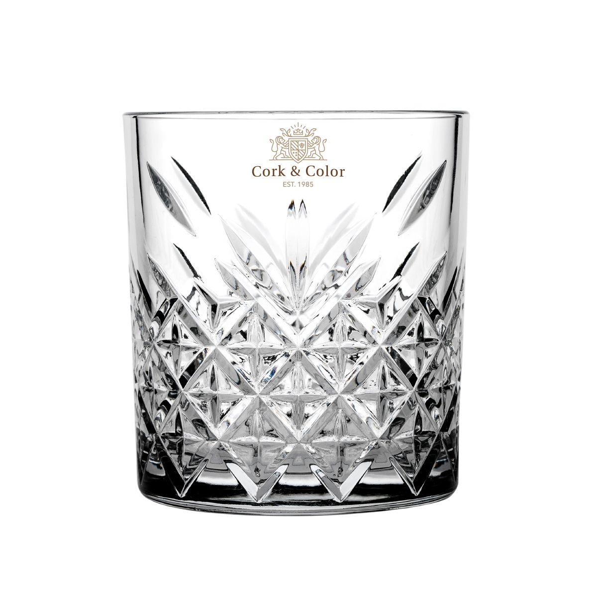 Voorzijde van het Timeless Whiskyglas met meerkleurig CorkColor-logo bedrukt op het transparante oppervlak.