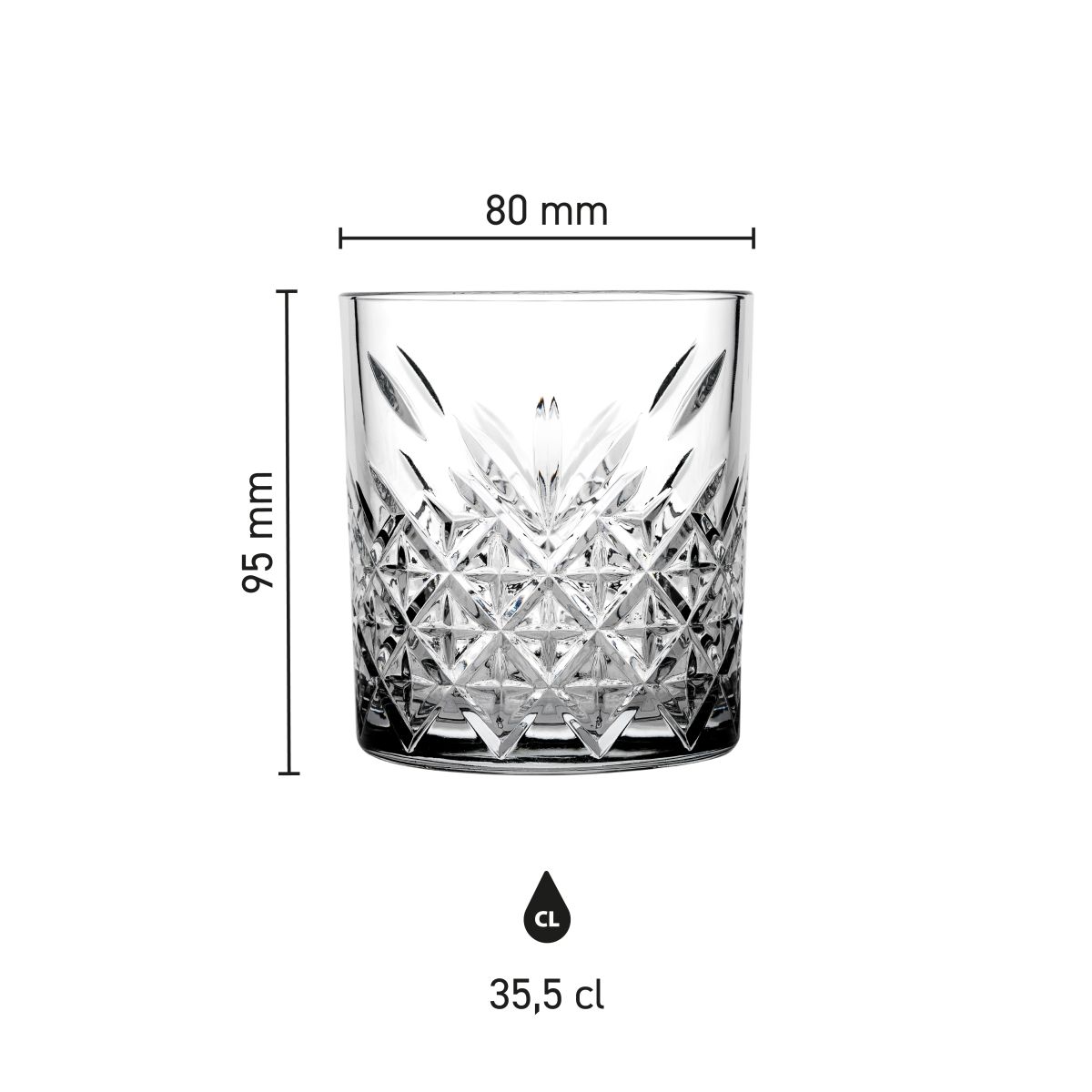 Gedetailleerde infographic toont hoogte, diameter en inhoud van het Timeless Whiskyglas van 35,5 cl.