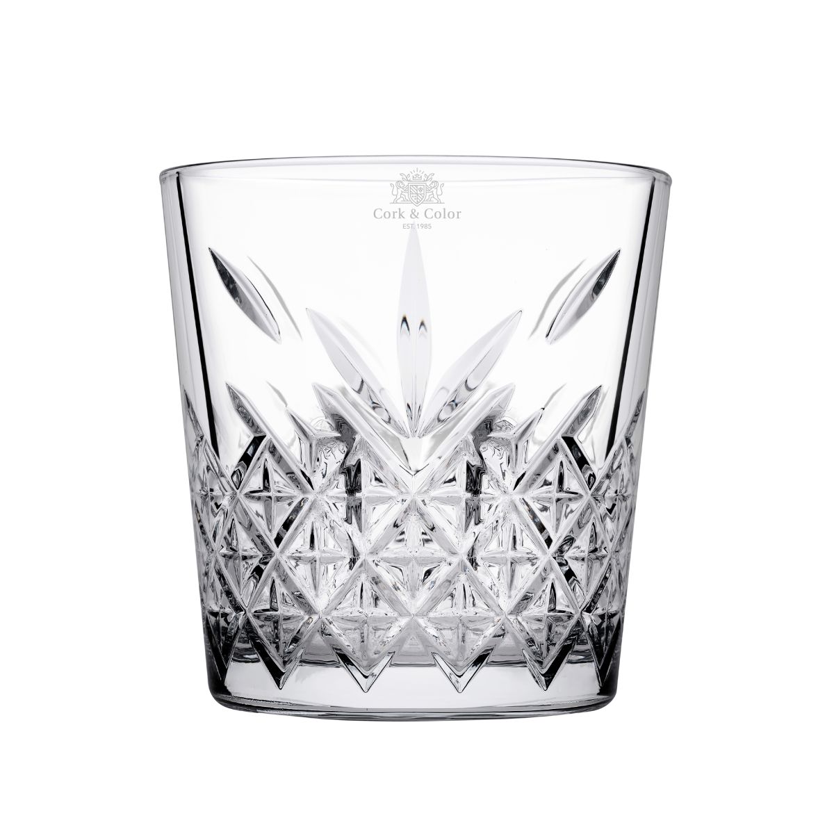 Glashelder Timeless stapelglas met gegraveerd CorkColor-logo op de voorzijde van het 34,5 cl whiskyglas.