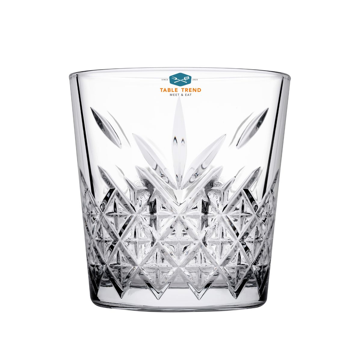 Timeless stapelglas van 34,5 cl met het meerkleurige TableTrend-logo zichtbaar op de voorzijde.