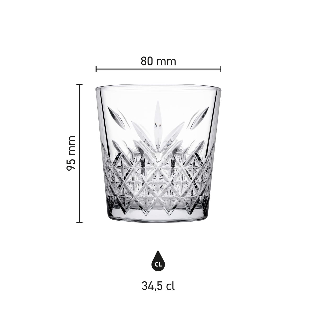 Infographic met afmetingen van het Timeless whiskyglas 34,5 cl. inclusief hoogte en diameter.