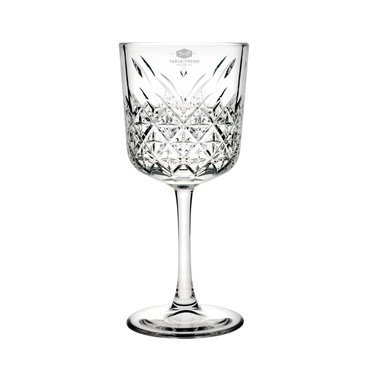 Glashelder Timeless wijnglas met gegraveerd TableTrend-logo op de voorzijde van het 33 cl. glas.