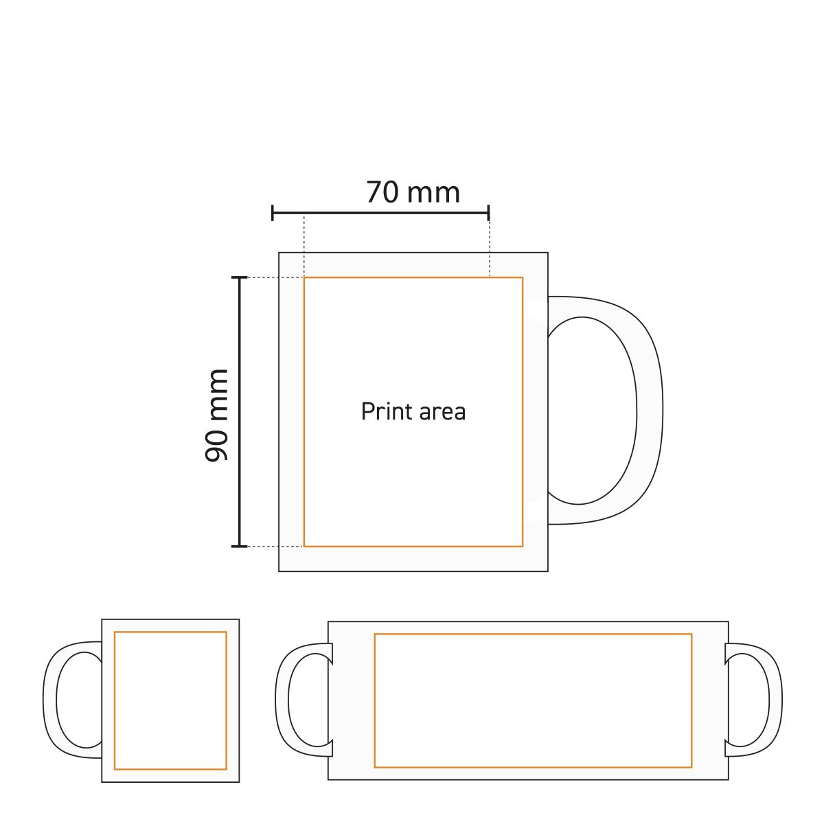Schematische weergave van het drukvlak op de Tomek mok 30 cl. met indicatie voor logo- of tekstplaatsing.