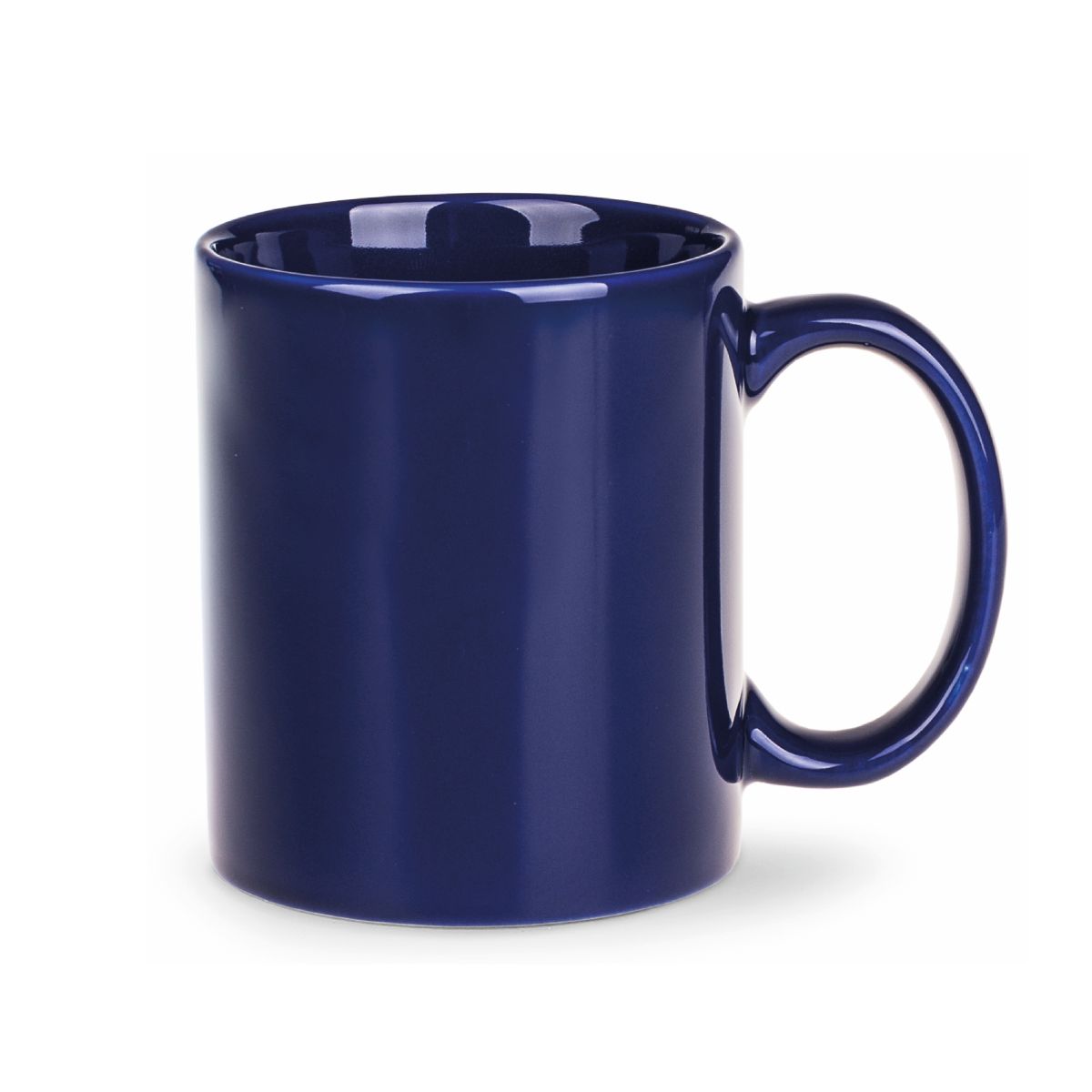Vooraanzicht van de Tomek mok 30 cl. in blauw porselein met rechte wanden, klassiek oor en glad oppervlak.