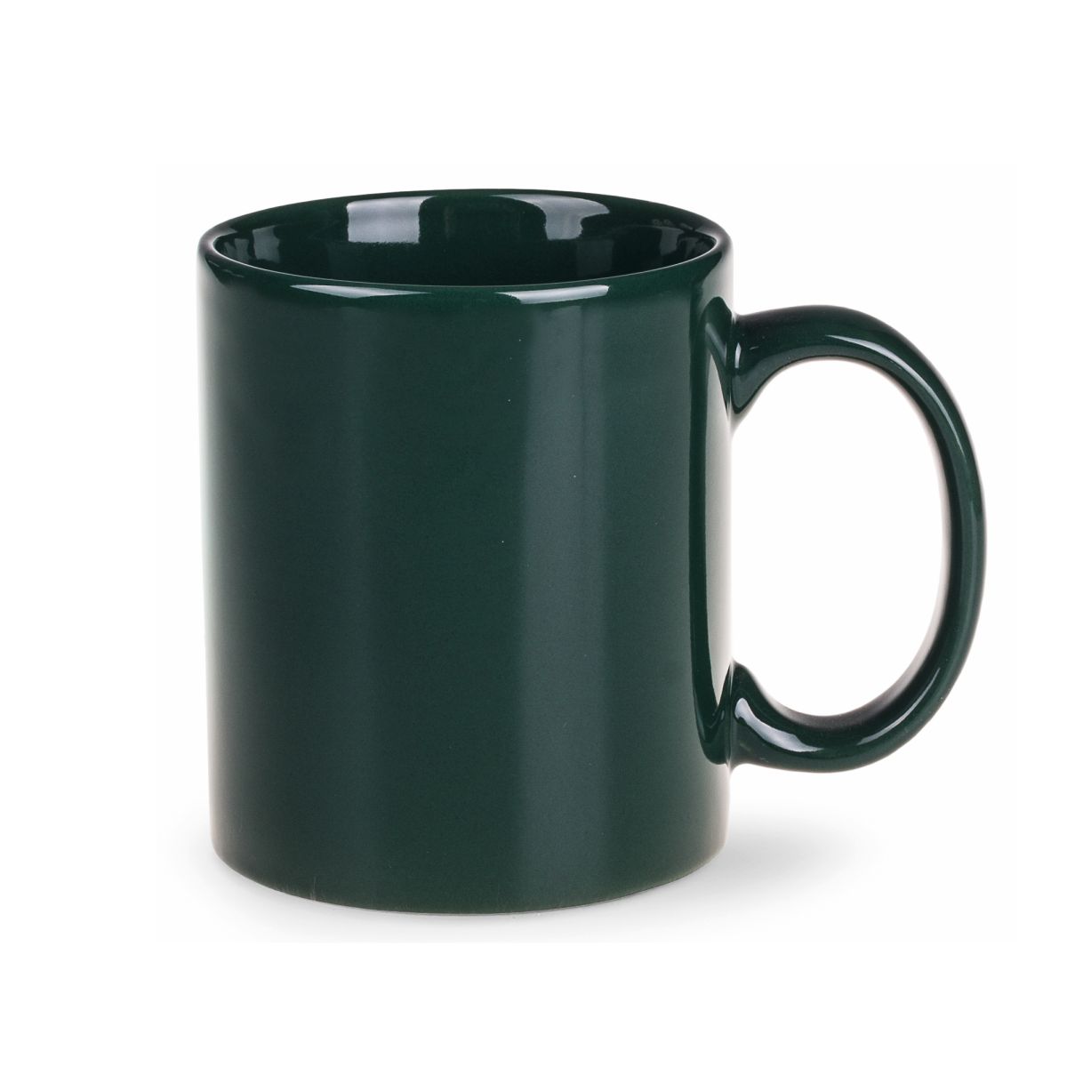 Vooraanzicht van de Tomek mok 30 cl. in groen porselein met rechte wanden, klassiek oor en glad oppervlak.
