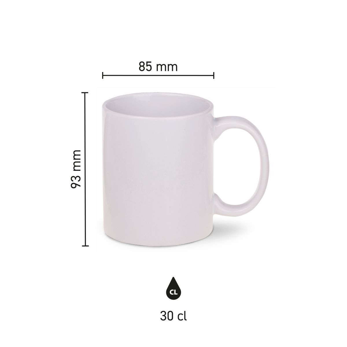 Gedetailleerde infographic toont de hoogte, inhoud en breedte van de Tomek mok 30 cl. in porselein.