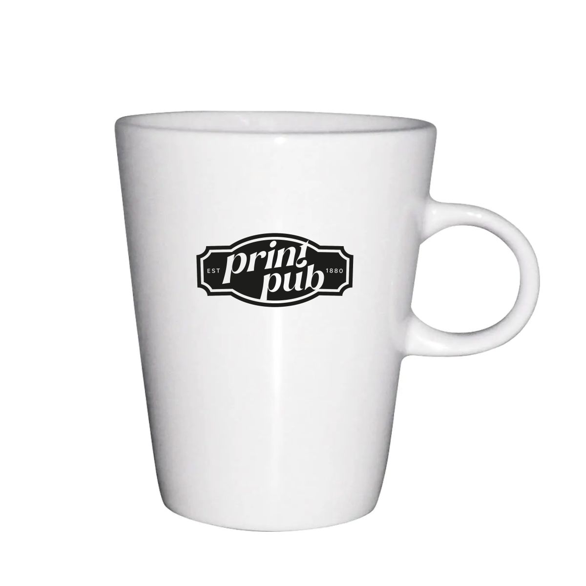 Eénkleurig PrintPub-logo op de voorzijde van de Trapo mok wit 25 cl. porselein.