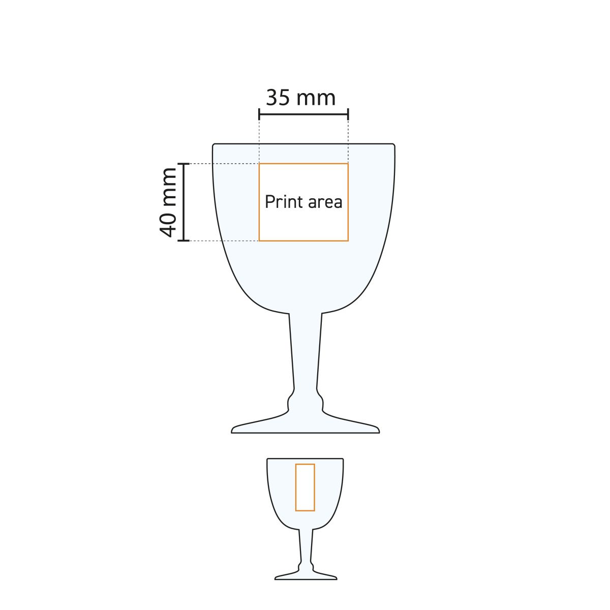 Technische werktekening van het drukgebied op het 15 cl. Trappist glas voor logoplaatsing.