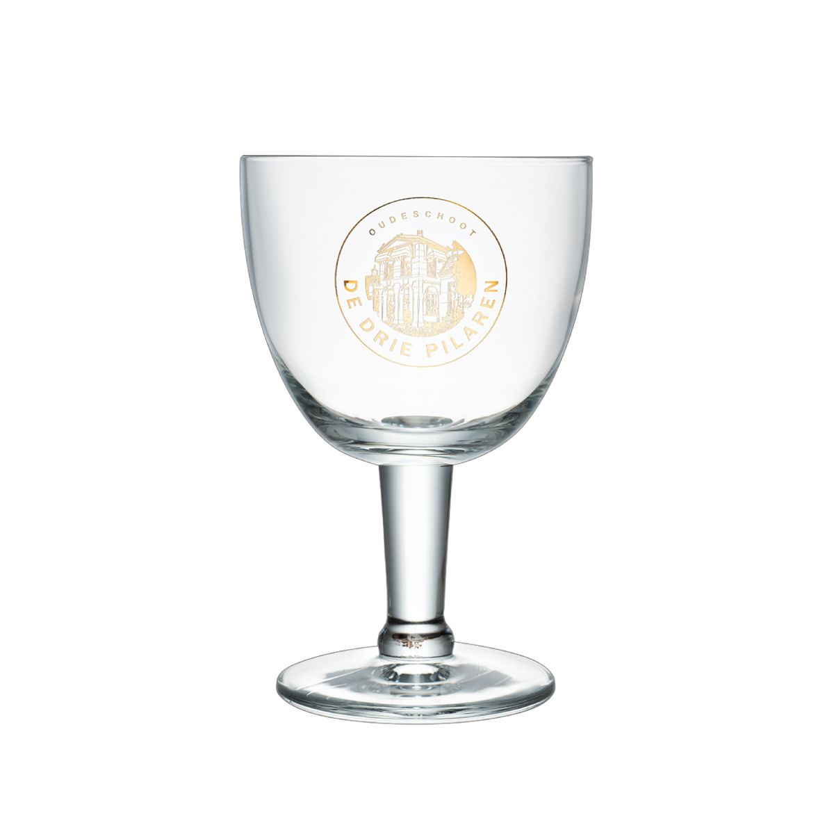 Trappist glas 15 cl met goud bedrukt De drie pilaren-logo in één kleur op de voorzijde.